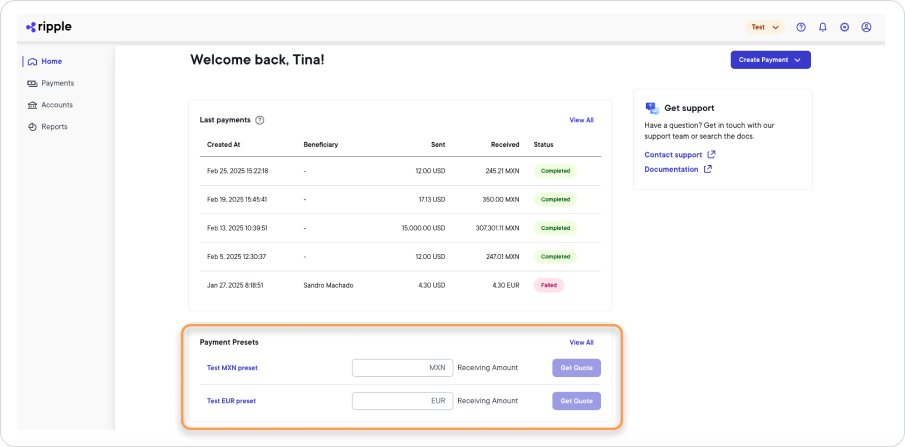 Payment presets panel